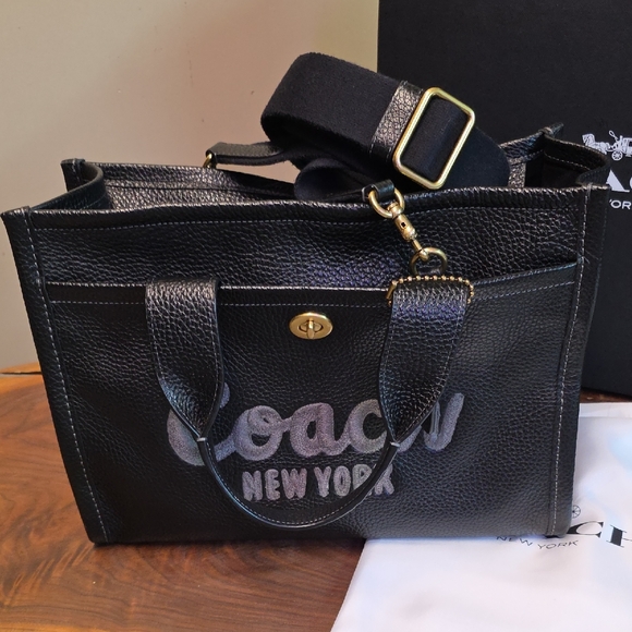 Coach® Pebble Black Leather Cargo Tote Handbag 2025 With Embroidered Logo - Picture 5 of 15